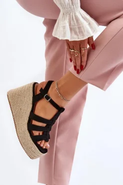 Boto Sandały Na Koturnie*Sandały Na Koturnie Z Plecionką Czarne Gnosis