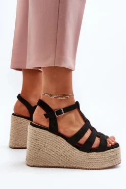 Boto Sandały Na Koturnie*Sandały Na Koturnie Z Plecionką Czarne Gnosis