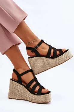 Boto Sandały Na Koturnie*Sandały Na Koturnie Z Plecionką Czarne Gnosis