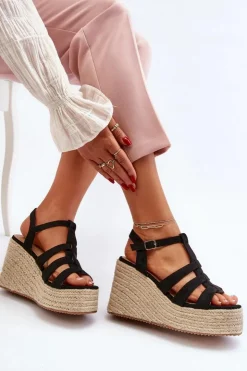 Boto Sandały Na Koturnie*Sandały Na Koturnie Z Plecionką Czarne Gnosis