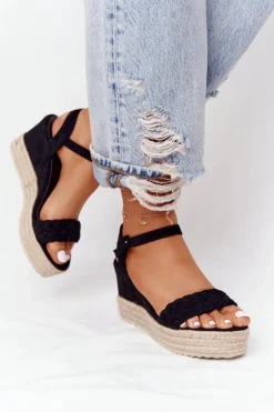Boto Sandały Na Koturnie*Sandały Na Koturnie Z Plecionką Czarne Baleary