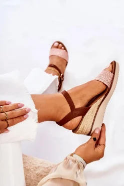 Damskie Evento Sandały Na Koturnie Z Plecionką Różowe Tenerife