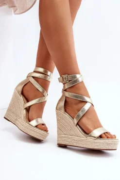 Damskie Boto Sandały Na Koturnie Z Plecionką Złote Salthe