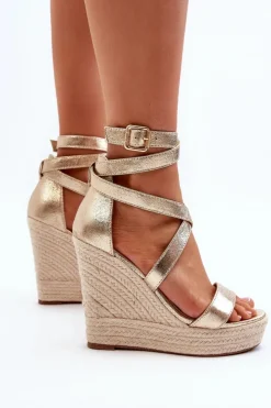 Damskie Boto Sandały Na Koturnie Z Plecionką Złote Salthe