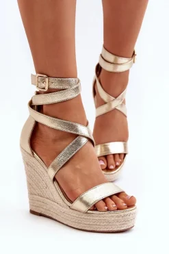 Damskie Boto Sandały Na Koturnie Z Plecionką Złote Salthe