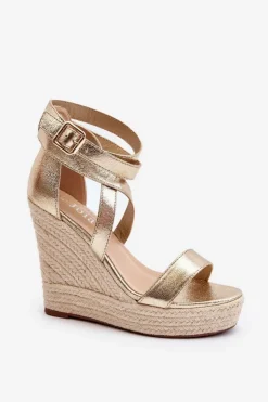 Damskie Boto Sandały Na Koturnie Z Plecionką Złote Salthe