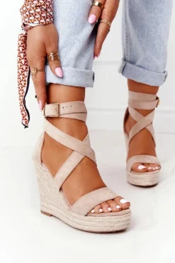 Clearance Boto Sandały Na Koturnie Z Plecionką Beżowe Lanzarote