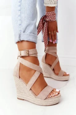 Clearance Boto Sandały Na Koturnie Z Plecionką Beżowe Lanzarote