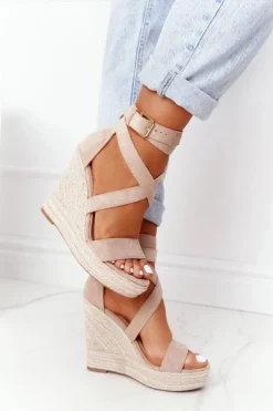 Clearance Boto Sandały Na Koturnie Z Plecionką Beżowe Lanzarote