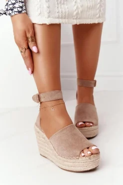 Damskie Boto Sandały Na Koturnie Z Plecionką Jasnobrązowe Makenna