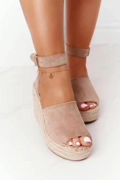 Damskie Boto Sandały Na Koturnie Z Plecionką Jasnobrązowe Makenna