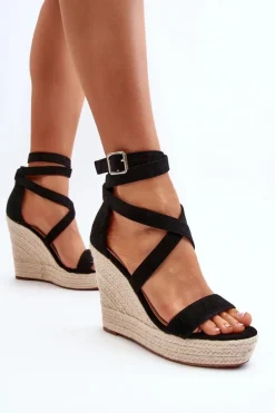 Clearance Boto Sandały Na Koturnie Z Plecionką Czarne Salthe