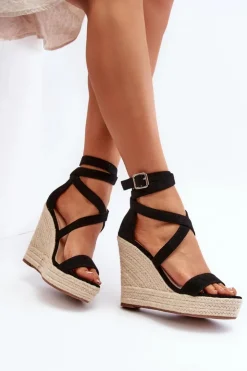 Clearance Boto Sandały Na Koturnie Z Plecionką Czarne Salthe