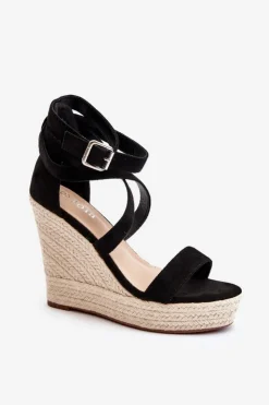 Clearance Boto Sandały Na Koturnie Z Plecionką Czarne Salthe