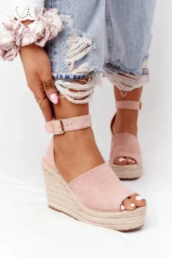 Boto Sandały Na Koturnie Z Plecionką Jasnoróżowe Makenna