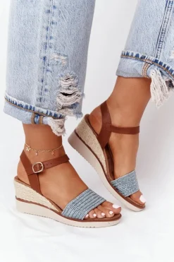 Damskie Evento Sandały Na Koturnie Z Plecionką Niebieskie Tenerife