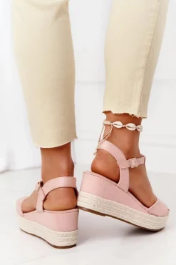 Damskie Boto Sandały Na Koturnie Z Plecionką Różowe Graciosa