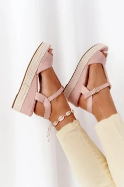 Damskie Boto Sandały Na Koturnie Z Plecionką Różowe Graciosa