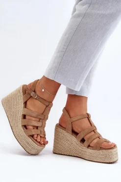 Damskie Boto Sandały Na Koturnie Z Plecionką Brązowe Gnosis
