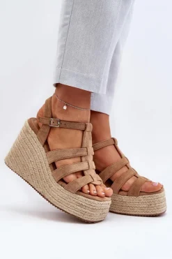 Damskie Boto Sandały Na Koturnie Z Plecionką Brązowe Gnosis