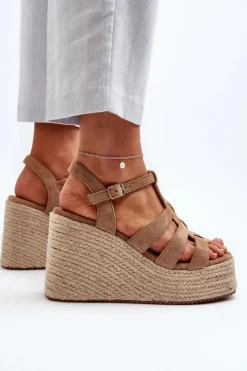 Damskie Boto Sandały Na Koturnie Z Plecionką Brązowe Gnosis