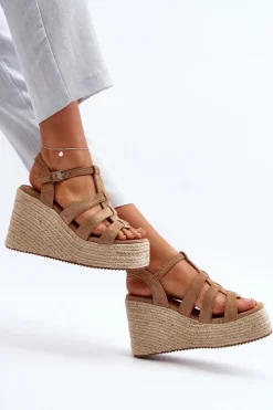 Damskie Boto Sandały Na Koturnie Z Plecionką Brązowe Gnosis