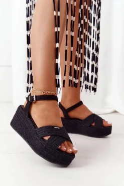 Big Star Shoes Sandały Big Star|Sandały Na Koturnie*Sandały Na Koturnie Z Plecionką Big Star FF274762 Czarne