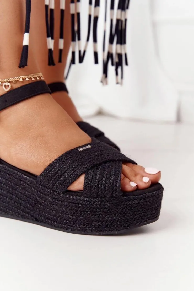 Big Star Shoes Sandały Big Star|Sandały Na Koturnie*Sandały Na Koturnie Z Plecionką Big Star FF274762 Czarne