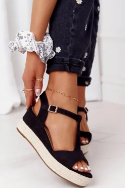 Boto Sandały Na Koturnie*Sandały Na Koturnie Z Plecionką Czarne Graciosa