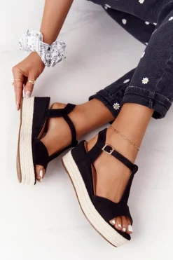 Boto Sandały Na Koturnie*Sandały Na Koturnie Z Plecionką Czarne Graciosa