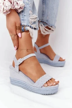 Best Boto Sandały Na Koturnie Z Plecionką Błękitne Baleary