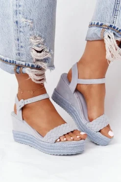 Best Boto Sandały Na Koturnie Z Plecionką Błękitne Baleary