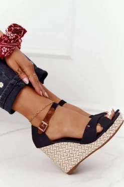 Discount Boto Sandały Na Koturnie Z Plecionką Czarne Lobos