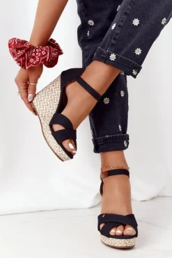 Discount Boto Sandały Na Koturnie Z Plecionką Czarne Lobos