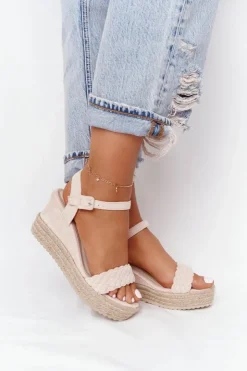 Damskie Boto Sandały Na Koturnie Z Plecionką Beżowe Baleary