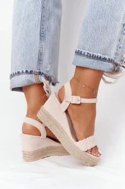 Damskie Boto Sandały Na Koturnie Z Plecionką Beżowe Baleary