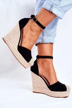 Damskie Boto Sandały Na Koturnie Z Plecionką Czarne Avocado