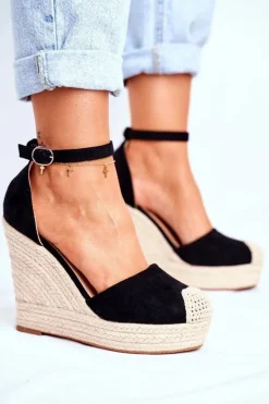 Damskie Boto Sandały Na Koturnie Z Plecionką Czarne Avocado