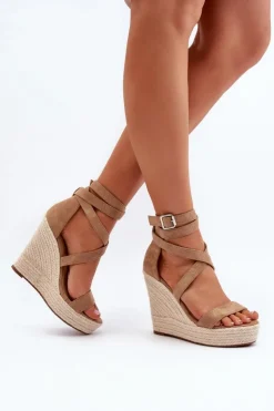 Damskie Boto Sandały Na Koturnie Z Plecionką Brązowe Salthe