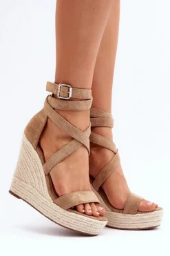 Damskie Boto Sandały Na Koturnie Z Plecionką Brązowe Salthe