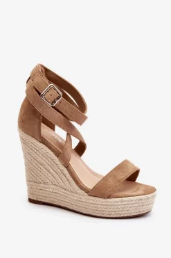 Damskie Boto Sandały Na Koturnie Z Plecionką Brązowe Salthe