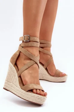 Damskie Boto Sandały Na Koturnie Z Plecionką Brązowe Salthe