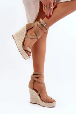 Damskie Boto Sandały Na Koturnie Z Plecionką Brązowe Salthe