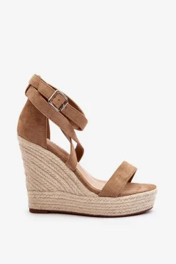 Damskie Boto Sandały Na Koturnie Z Plecionką Brązowe Salthe