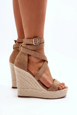 Damskie Boto Sandały Na Koturnie Z Plecionką Brązowe Salthe