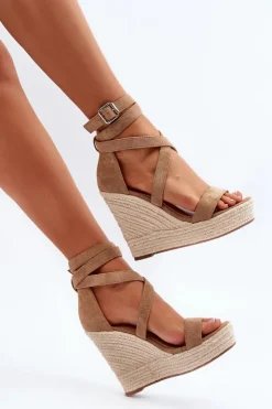 Damskie Boto Sandały Na Koturnie Z Plecionką Brązowe Salthe