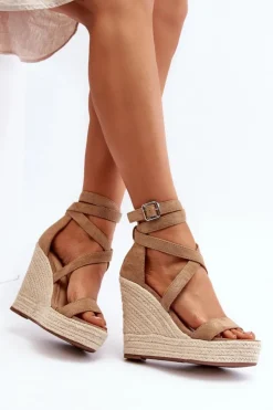 Damskie Boto Sandały Na Koturnie Z Plecionką Brązowe Salthe