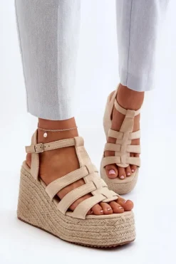 Boto Sandały Na Koturnie*Sandały Na Koturnie Z Plecionką Beżowe Gnosis