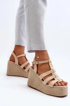 Boto Sandały Na Koturnie*Sandały Na Koturnie Z Plecionką Beżowe Gnosis