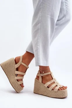 Boto Sandały Na Koturnie*Sandały Na Koturnie Z Plecionką Beżowe Gnosis